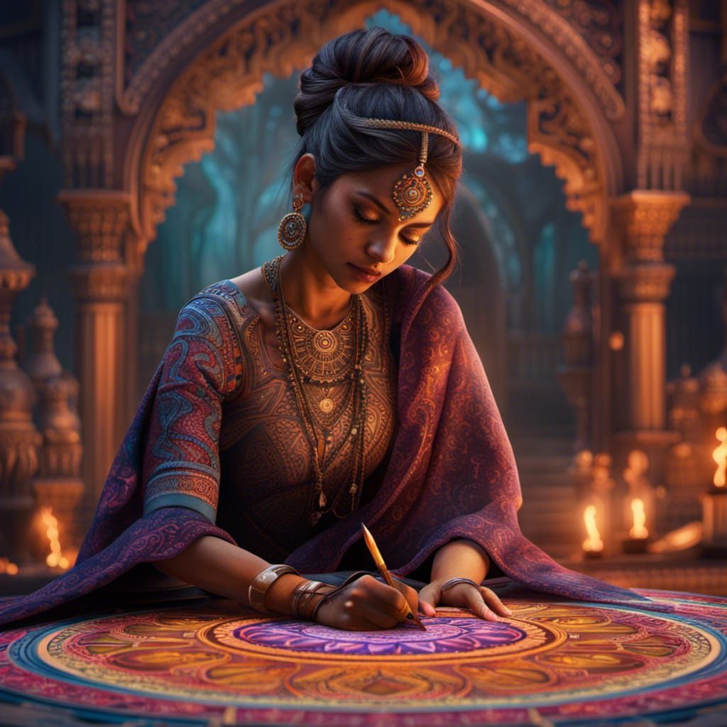 Indian Girl Drawing Intricate Mandala Art