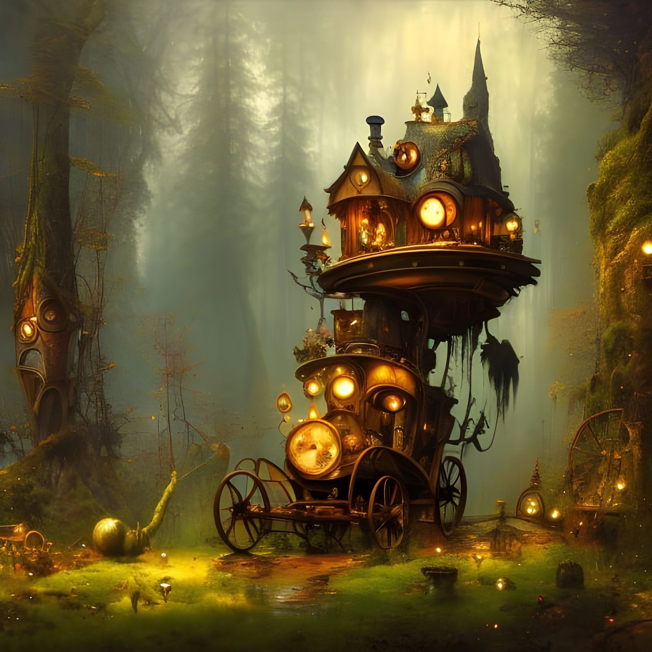 Steampunk Carriage in Mystical Forest, Art Nouveau