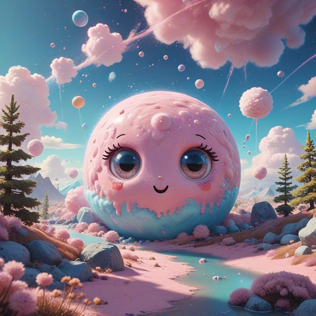 Cute Planet Floating in Nebula: Kawaii Digital Art