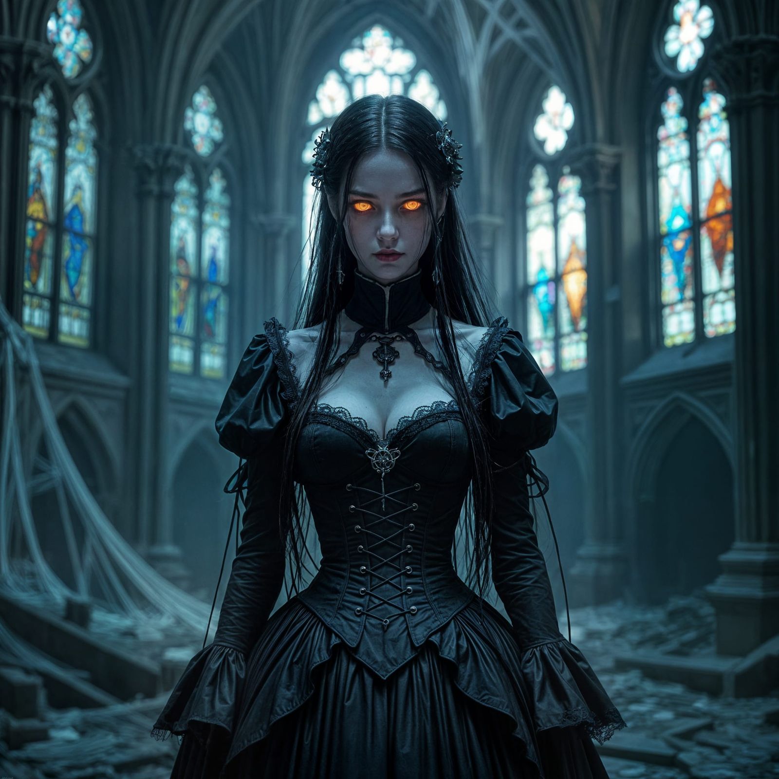 Android in Derelict Cathedral: Gothic Horror Aesthetic