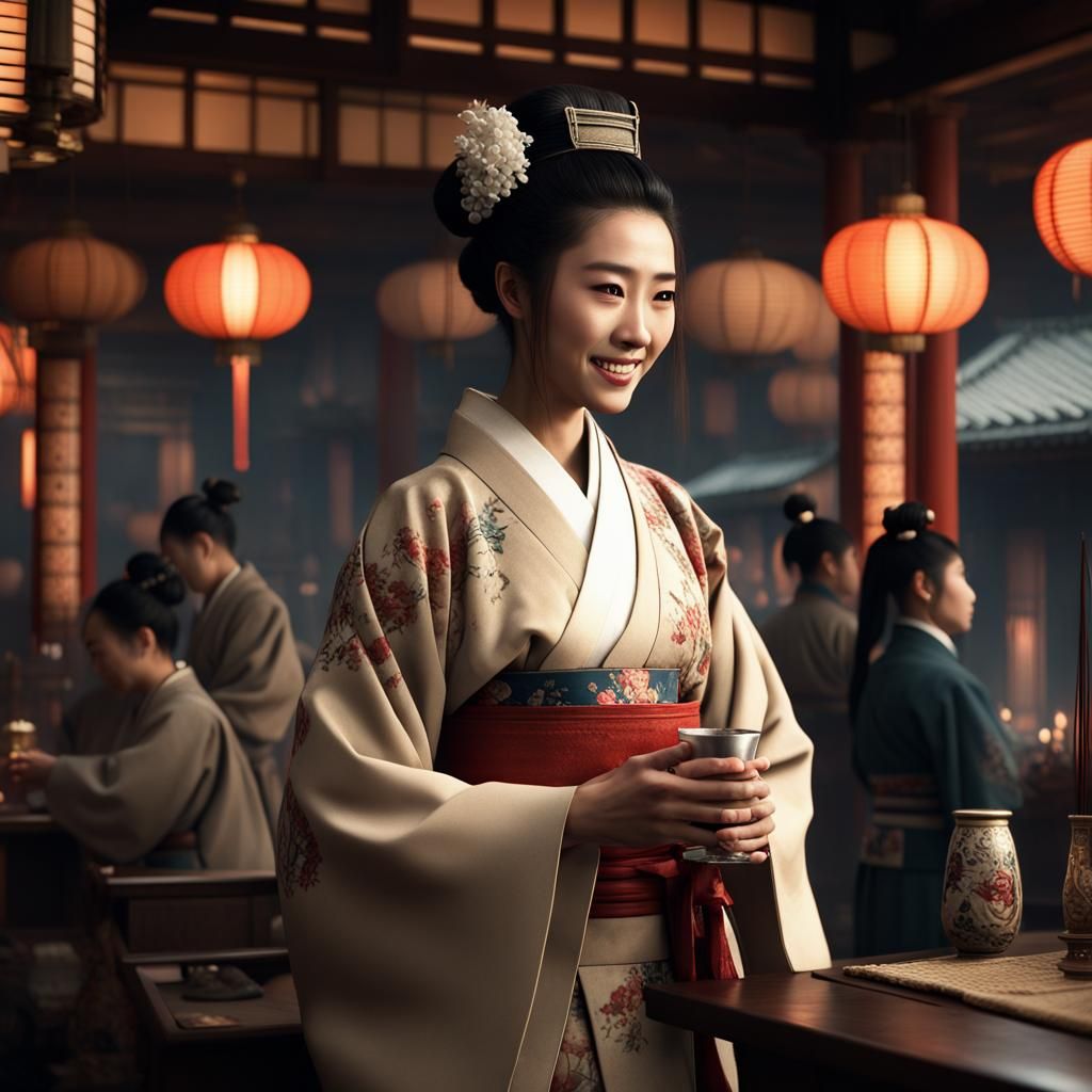 Japanese Woman Serving Drink in 1500: Digital Painting