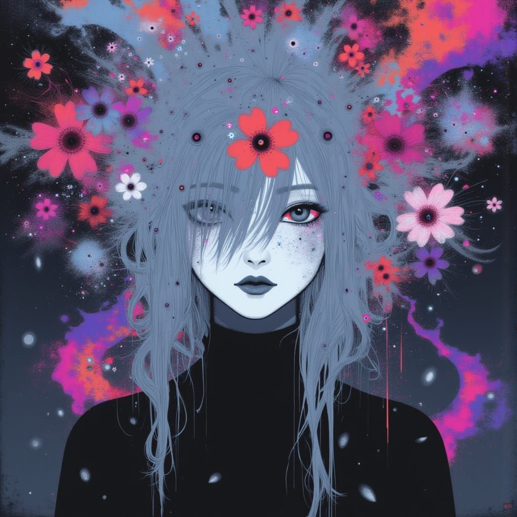 Contemplative Woman Lost in Thought Amidst Floral Dreams