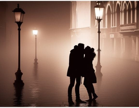 Romantic Kiss in Foggy Venice at Sunrise