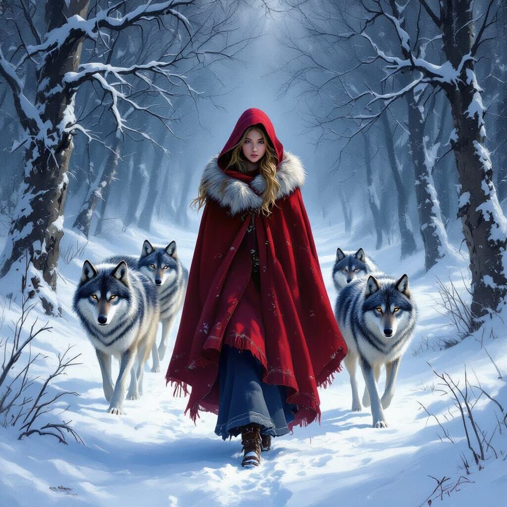 Teenager with Majestic Wolves in Snow Forest
