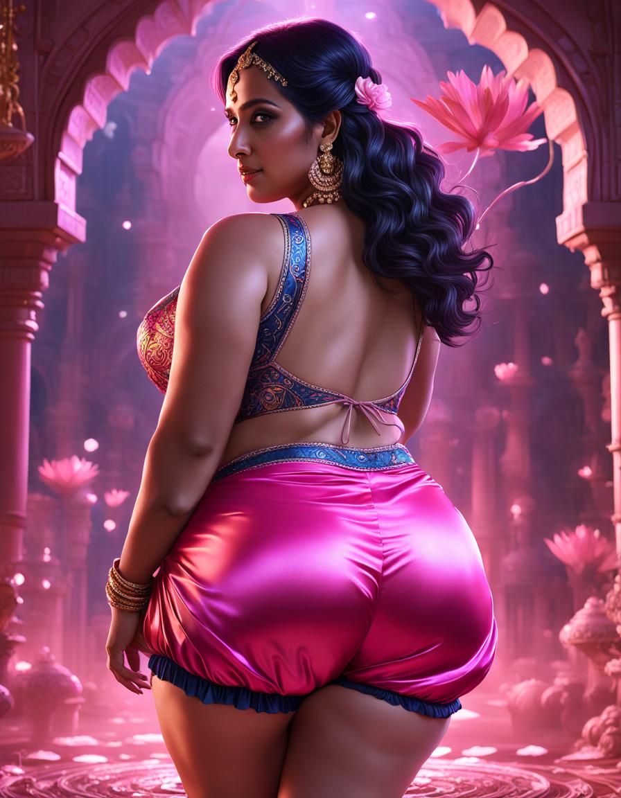 Curvy Indian Goddess in Pink Satin, Detailed Matte Painting