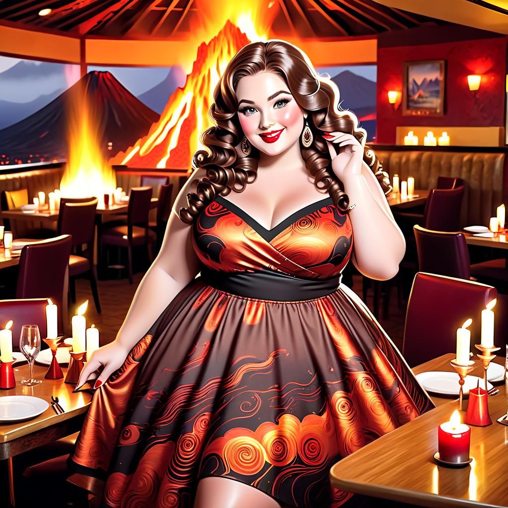 Volcanic Beauty: Plus-Size Model in Restaurant