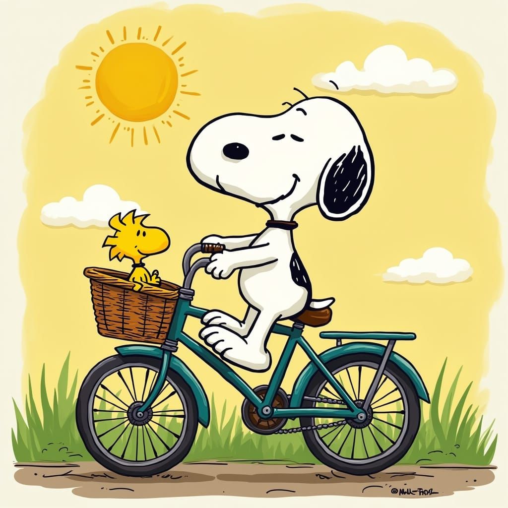 Snoopy Riding His Vintage Bicycle in a Peanuts Cartoon