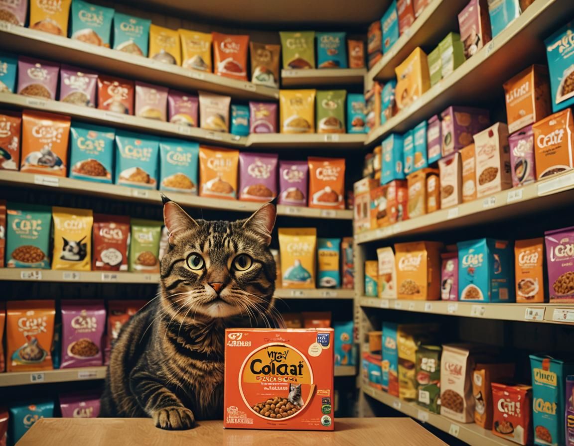Comical Cat Food Aisle in Wes Anderson Style