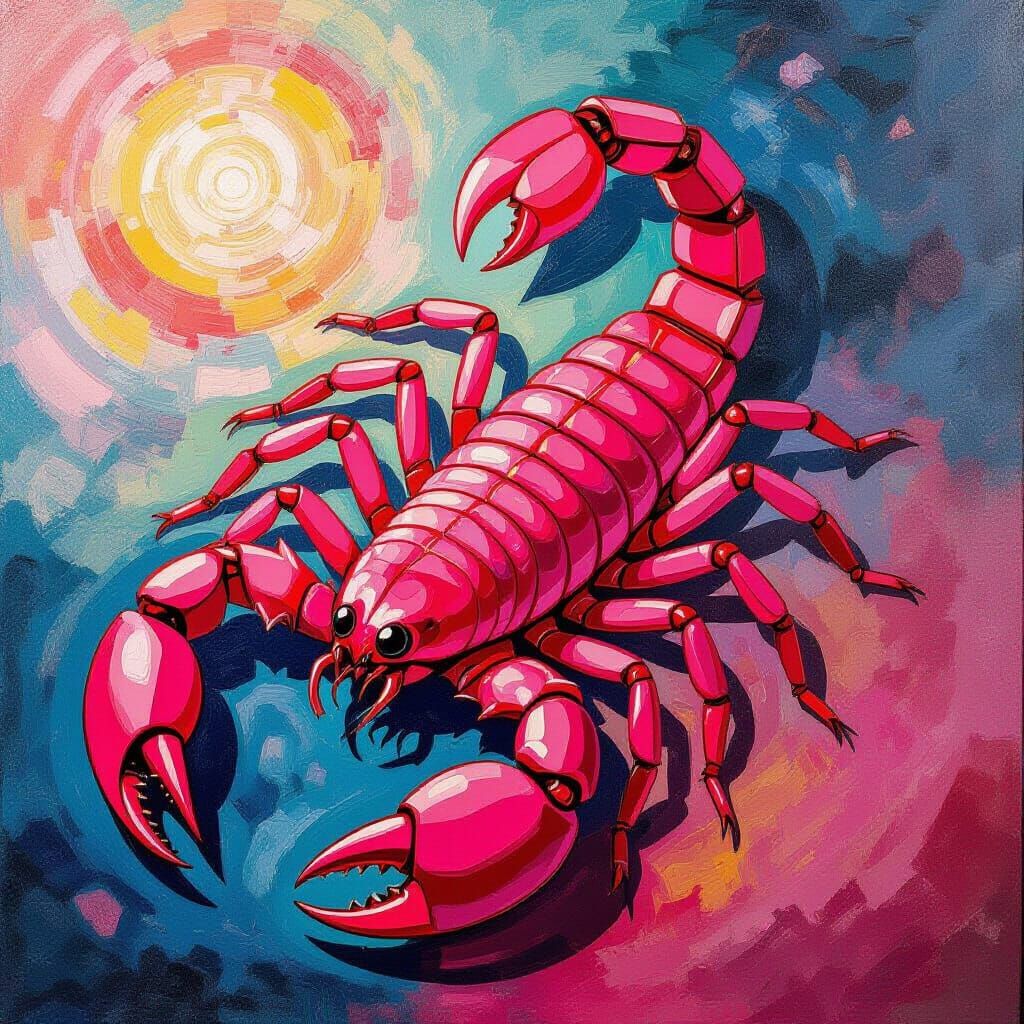 Vibrant Pink Scorpion Sign on Kaleidoscopic Background