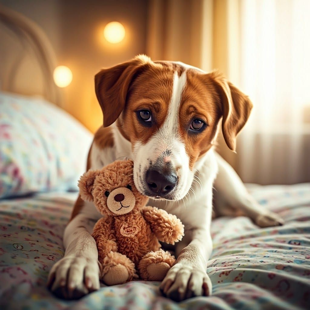 Dog Nuzzling Teddy Bear in Rockwell Style