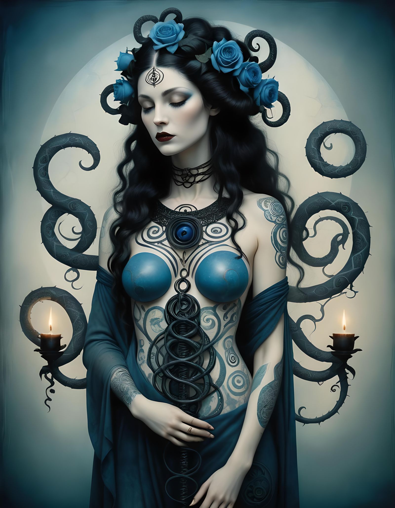 Hecate with Candlelight, Tribal Tattoos and Roses