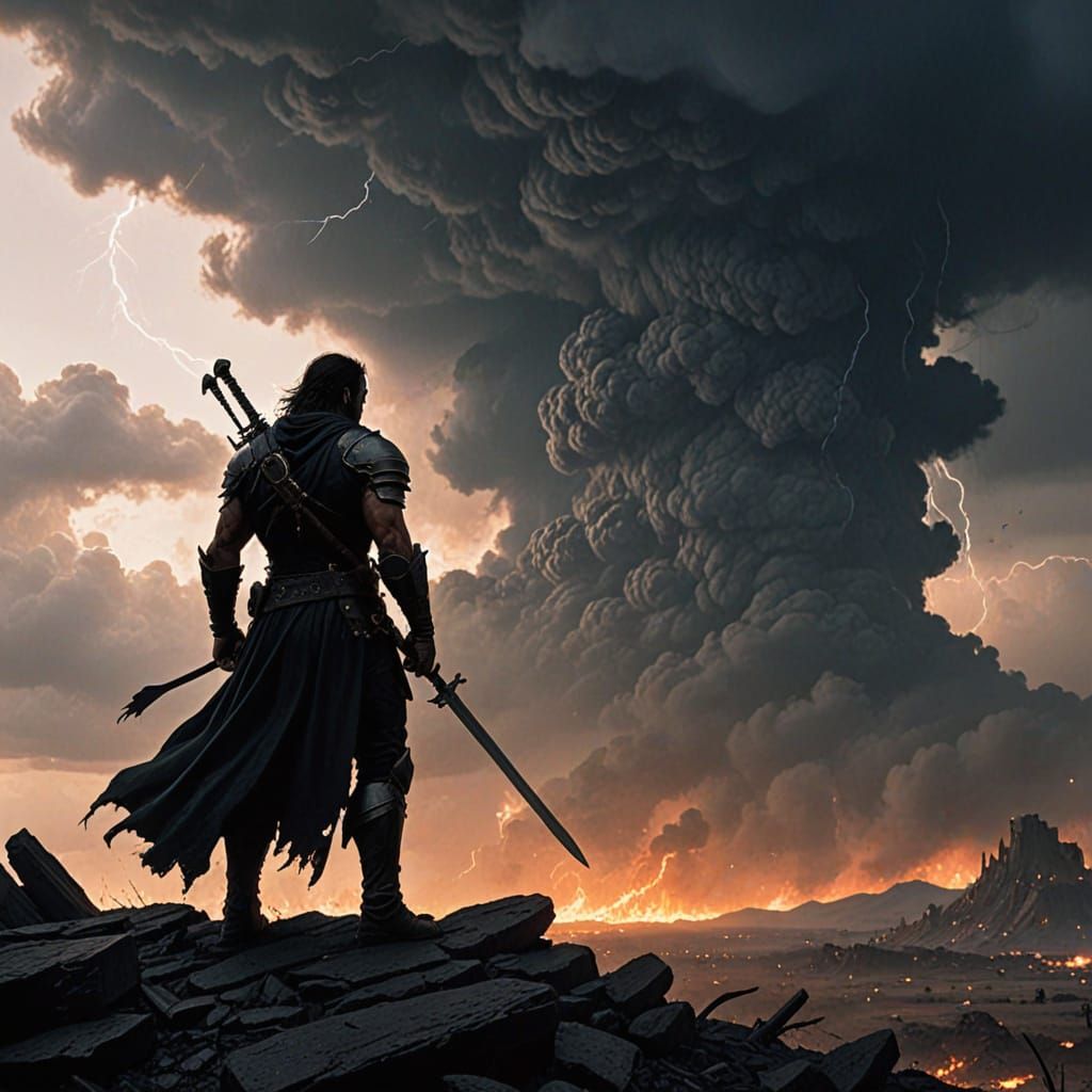 Warrior Against Inferno on Ash Battlefield