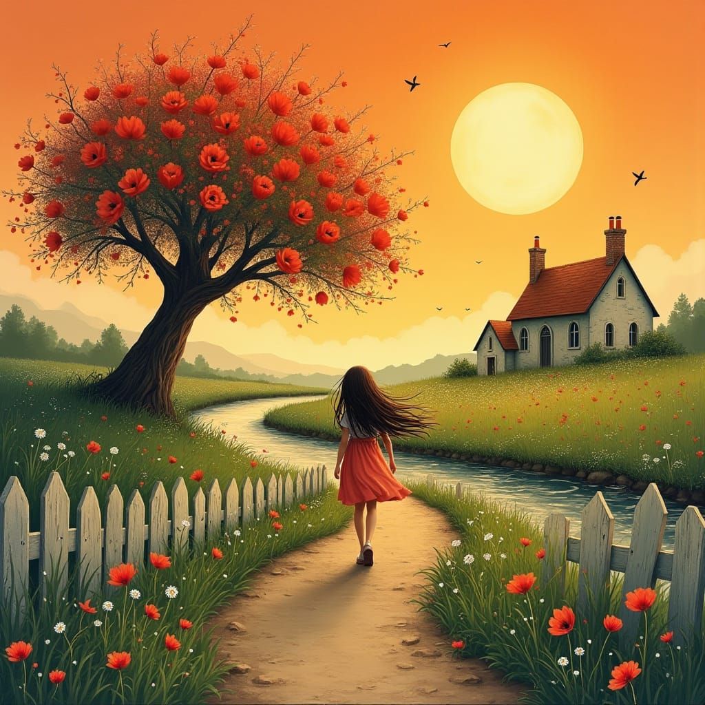 Girl in Poppy Field at Sunset: Watercolor Illustration