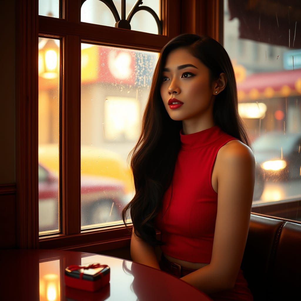 Softly Lit Asian Woman in Red Crop Top by Rainy Window
