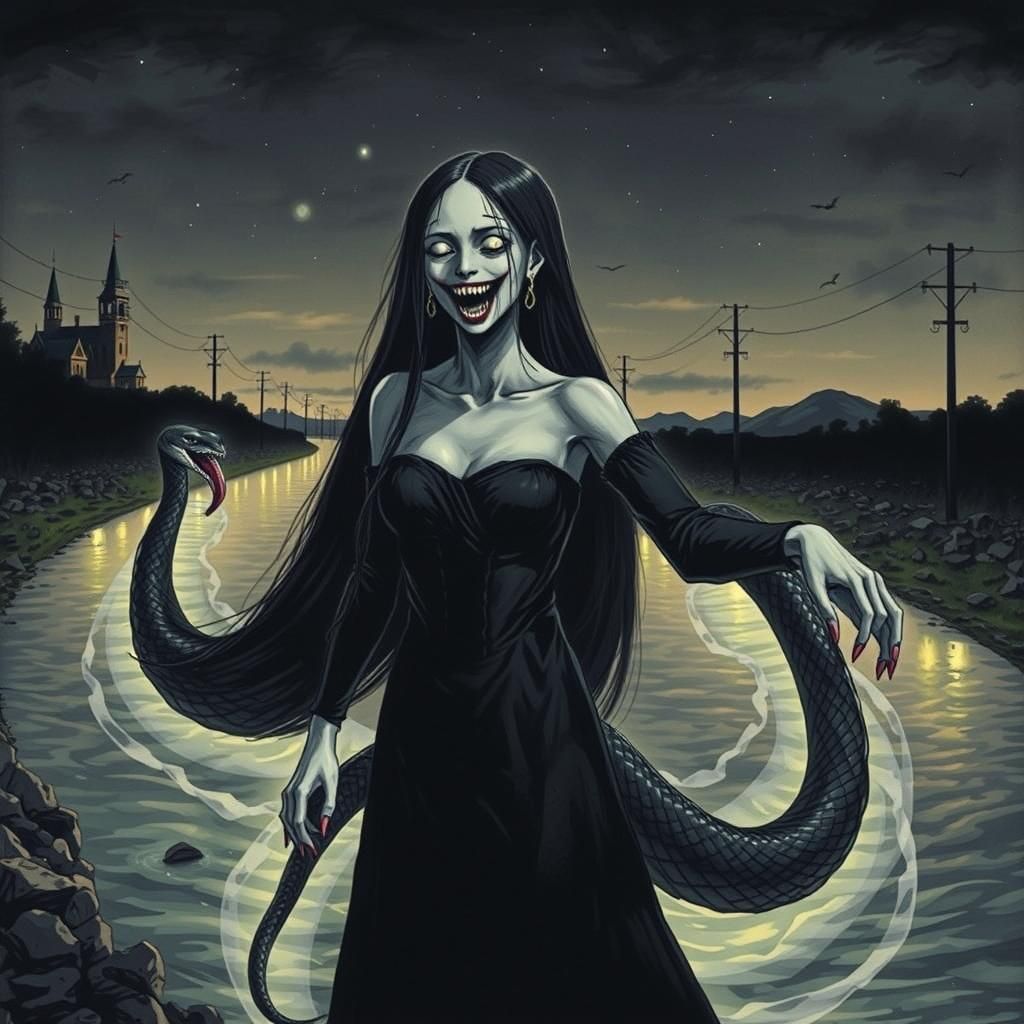 La Llorona Snake-Human Hybrid in Junji Ito Manga Style
