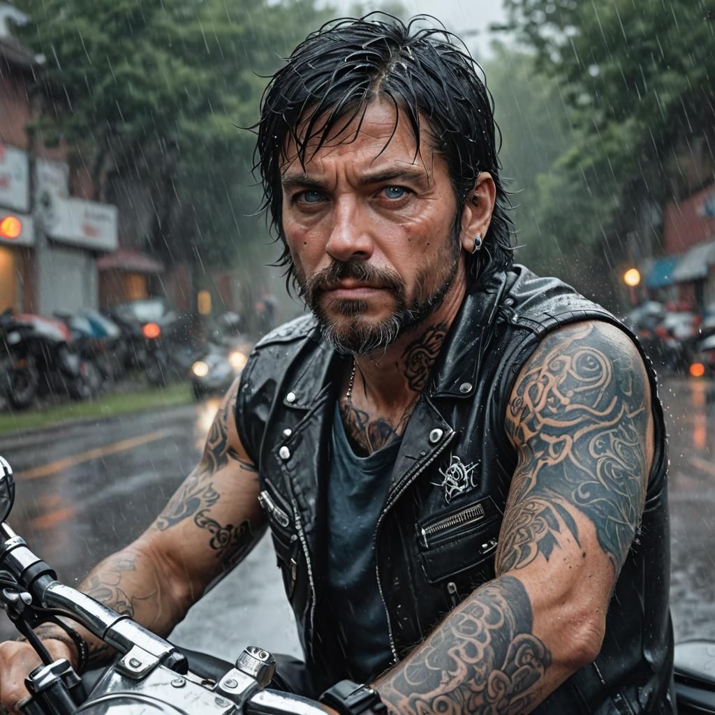 Emo Male on Motorcycle in Rain, Hyperrealistic Art
