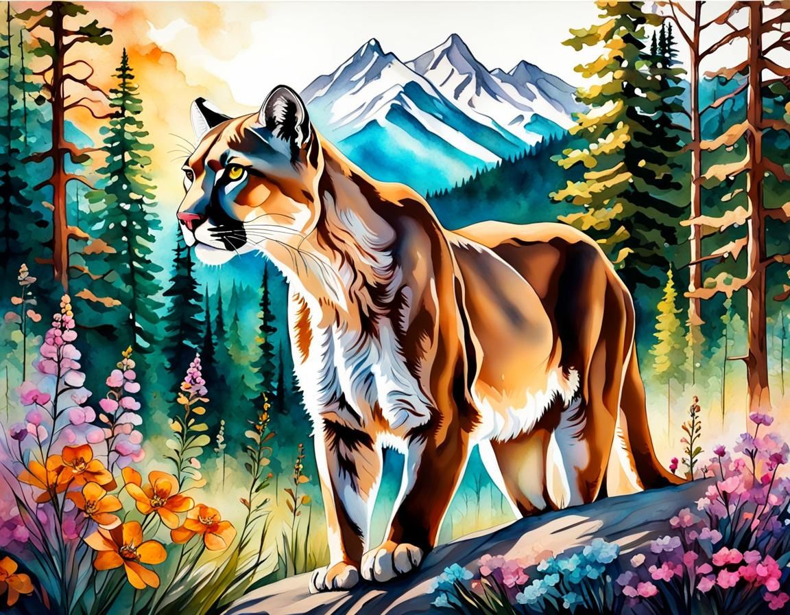 Cougar in Mountain Forest: Alcohol Ink Style
