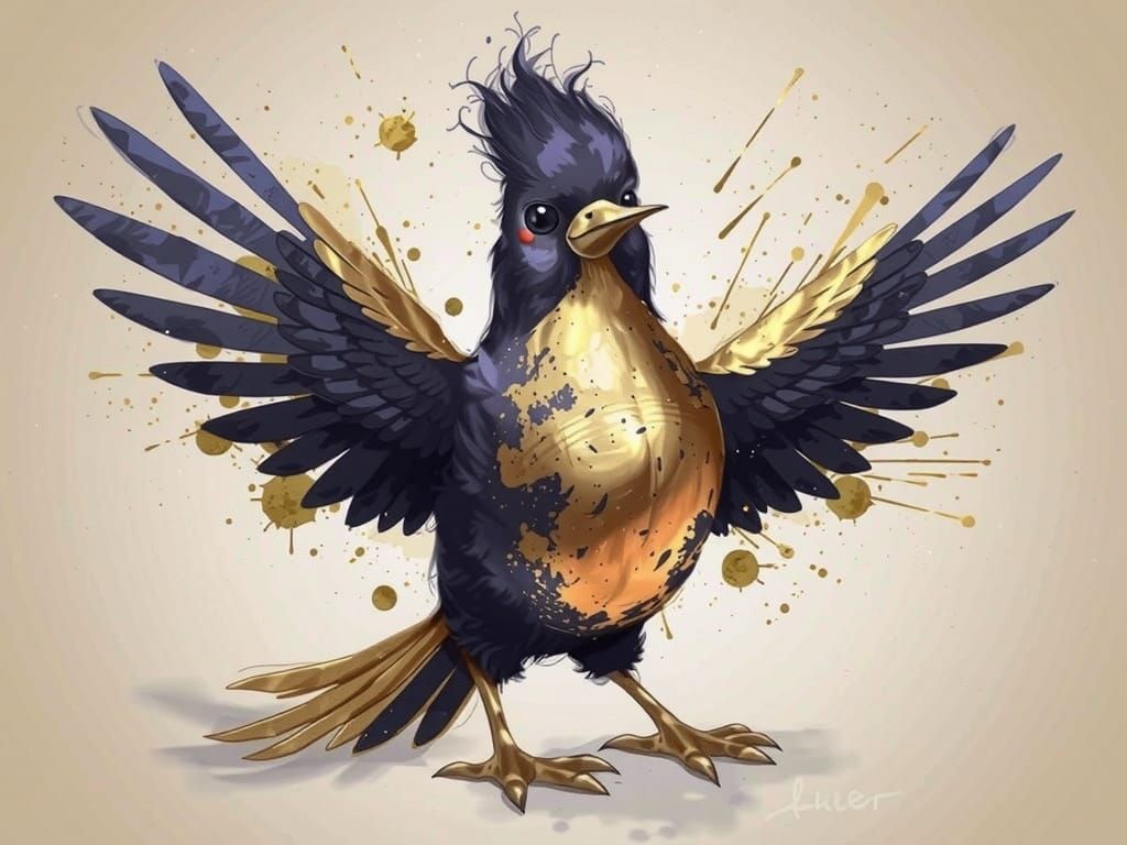 Whimsical Ink Splatter Bird with Gold Outline