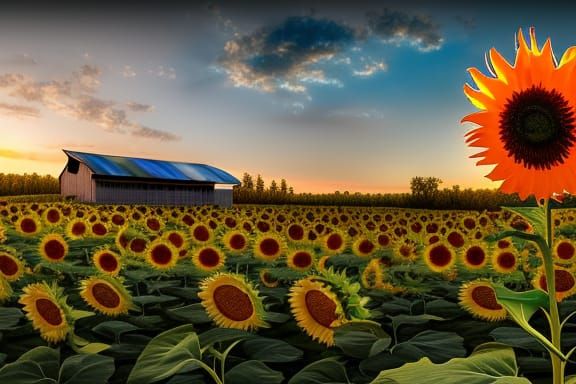 Glass Sunflowers and Barn in 3D Rendered Style