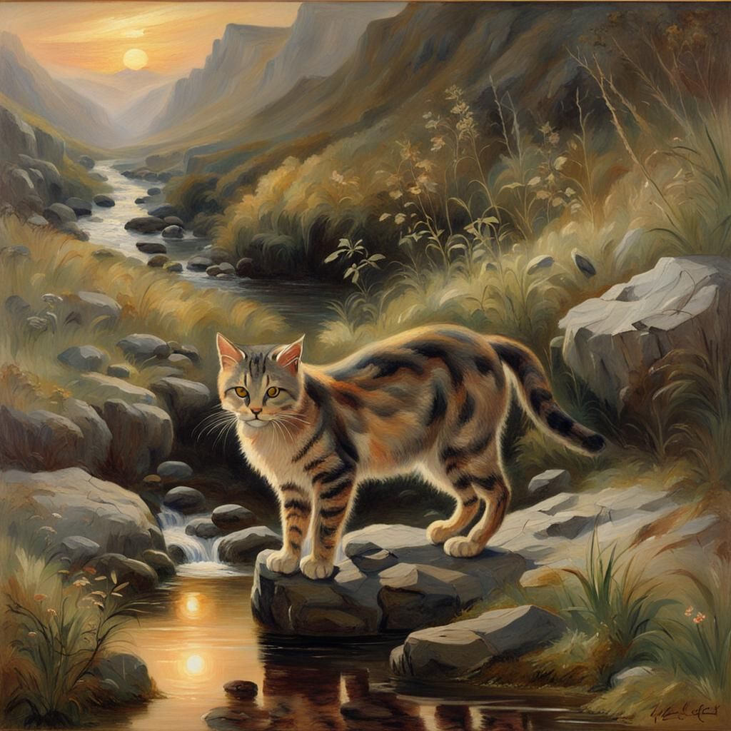 Scottish Wildcat at Sunset: A Romantic Oil Painting