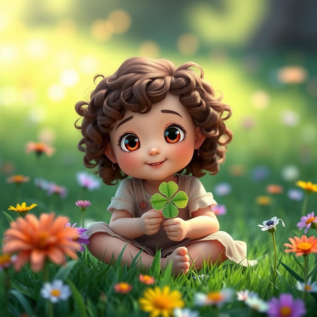 Girl with Clover in Anime Disney Pixar Style