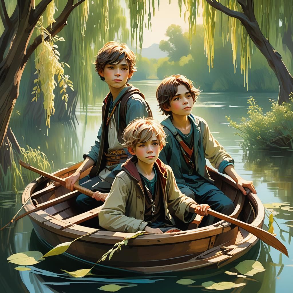 Boys Rowing on Lake in Serene Digital Art