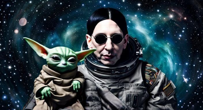 Astronaut Marilyn Manson floating with Grogu in hyperspace