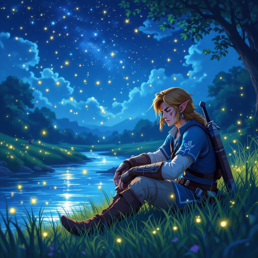 Link's Peaceful Night by the River with Fireflies