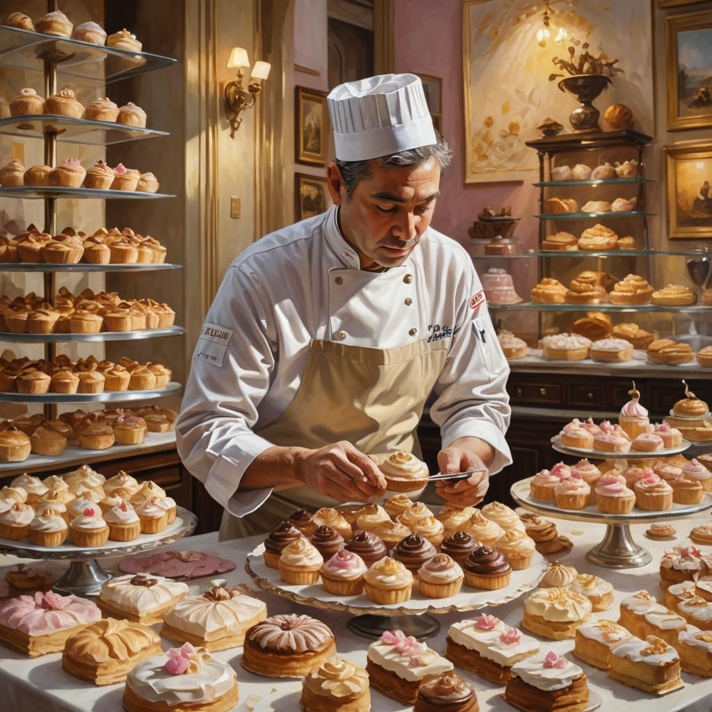 Pastry Chef in Pâtisserie, Oil Painting Style