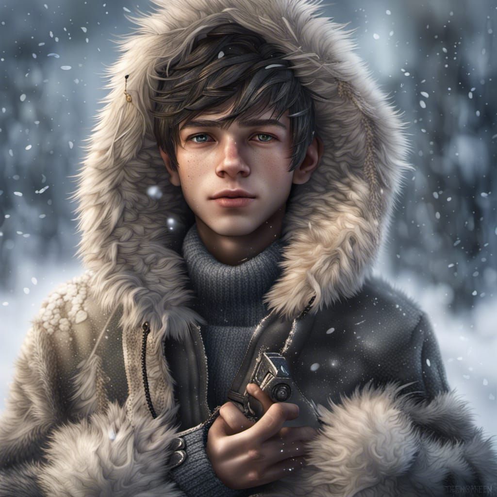 Teenage Boy in Fur Clothes in Snow Scene