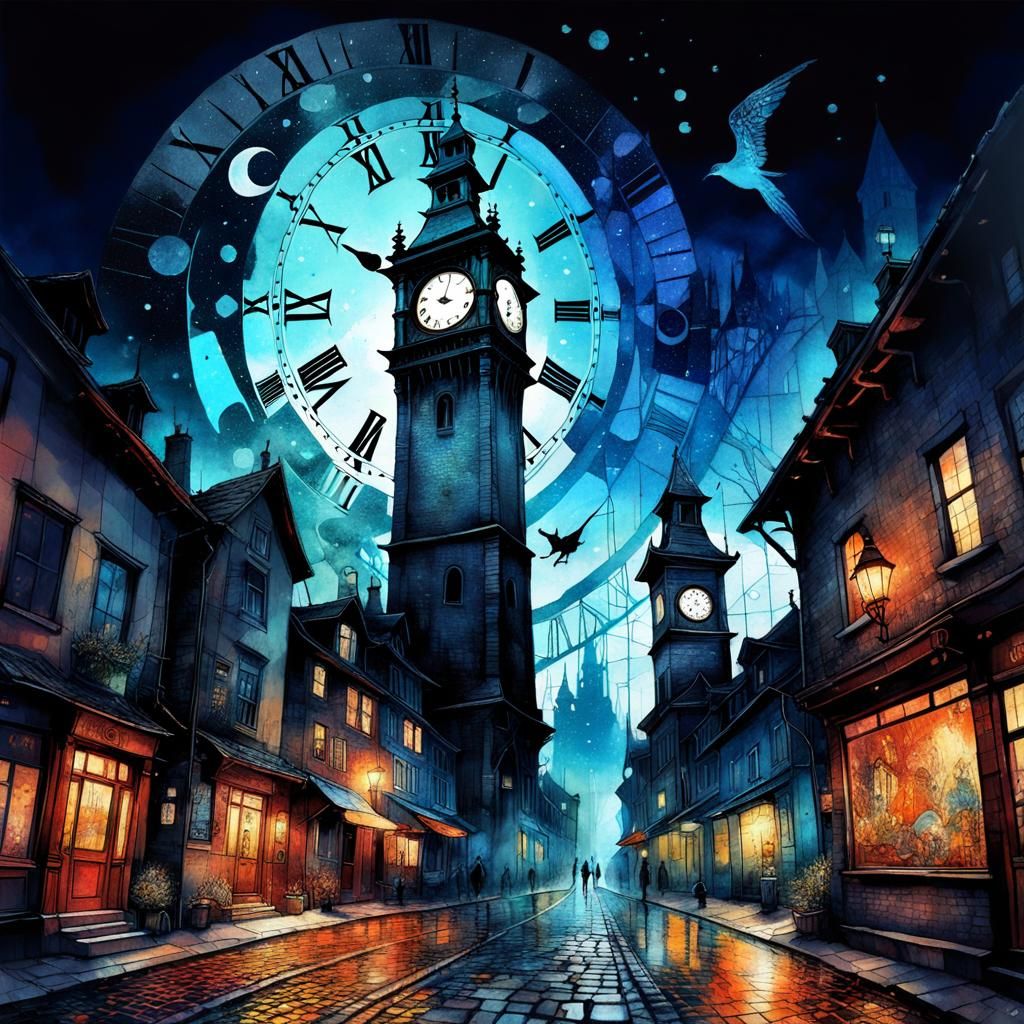 Haunting Clocktower Midnight Chime in Surrealist Collage
