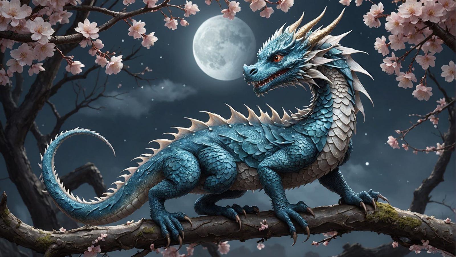 Fluffy Dragon Portrait with Cherry Blossoms and Moon