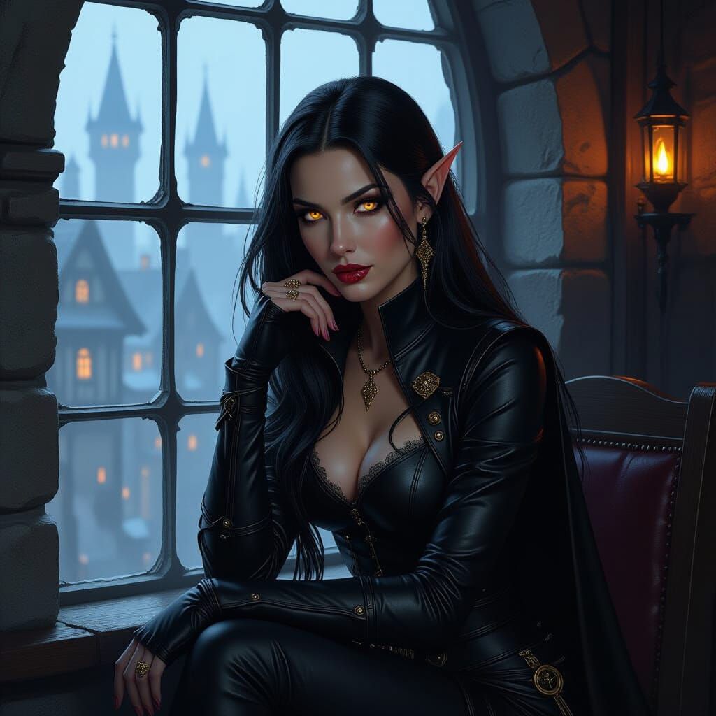 Elf Woman in Shadowed Tavern, Dark Fantasy Art