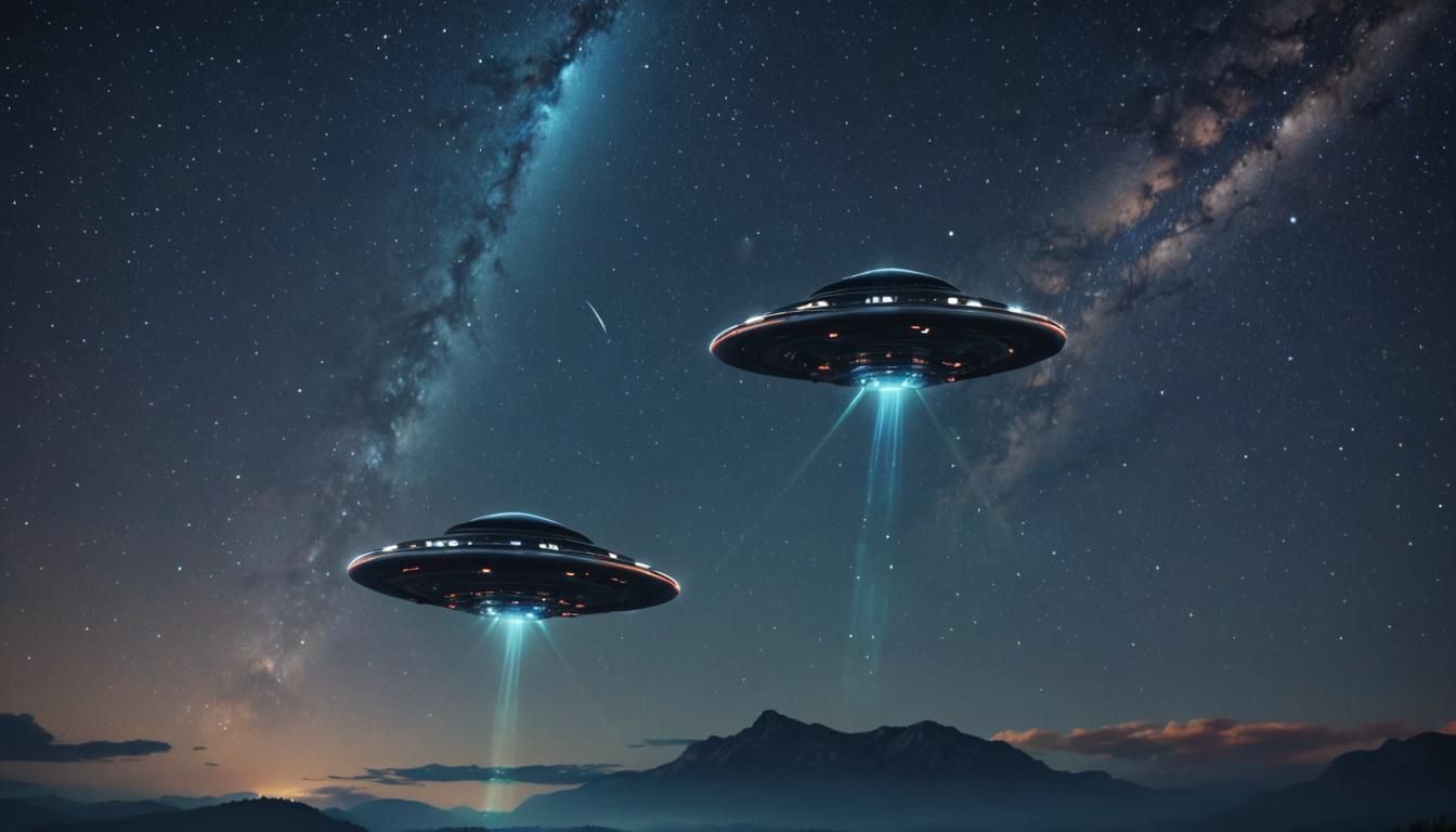 Two UFOs in Starry Sky: Surreal Digital Art