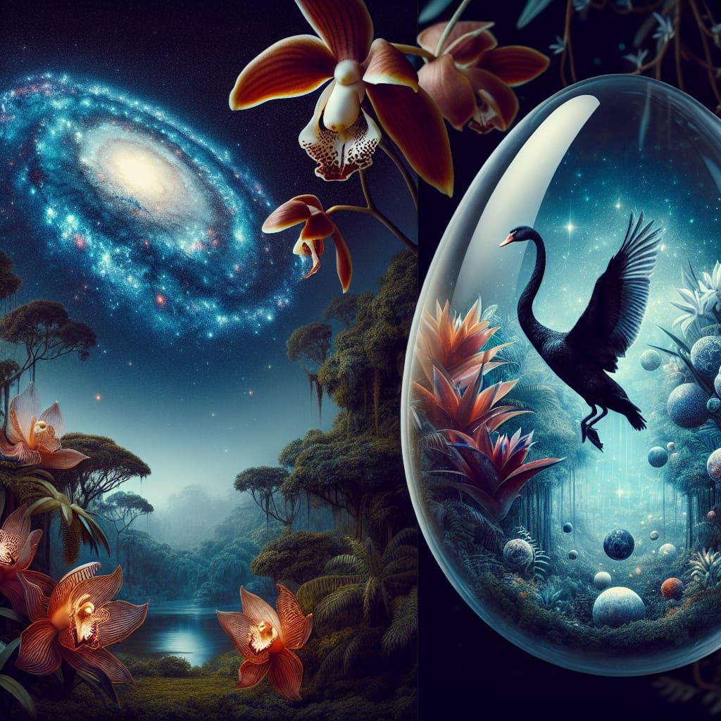 Galaxy in Glass Egg with Swan in Tropical Rainforest