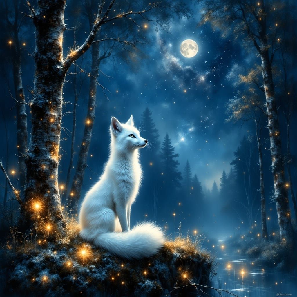 Magical White Fox in Mystical Forest, Hyperrealistic Illustr...