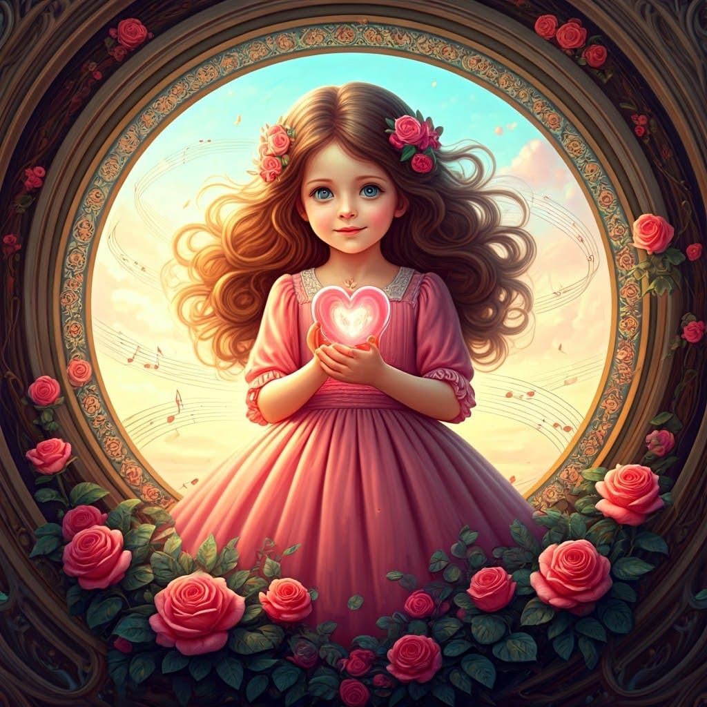 Enchanted Girl with Roses and Heart-Shaped Harp in Dreamy Sk...