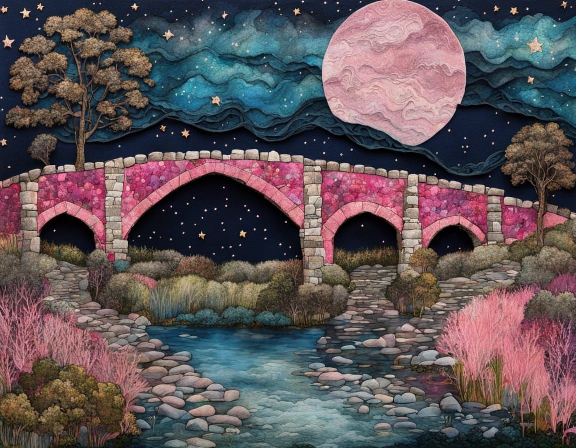 Medieval Stone Bridge in Vibrant Pink Landscape
