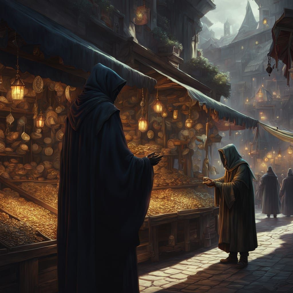 Dark Fantasy Merchant Exchange with Ethereal Glow