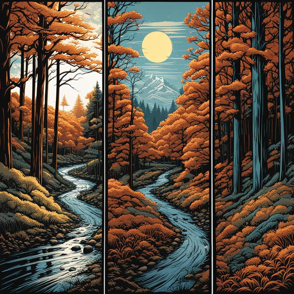 Forest Through the Seasons: Linocut Comic Art