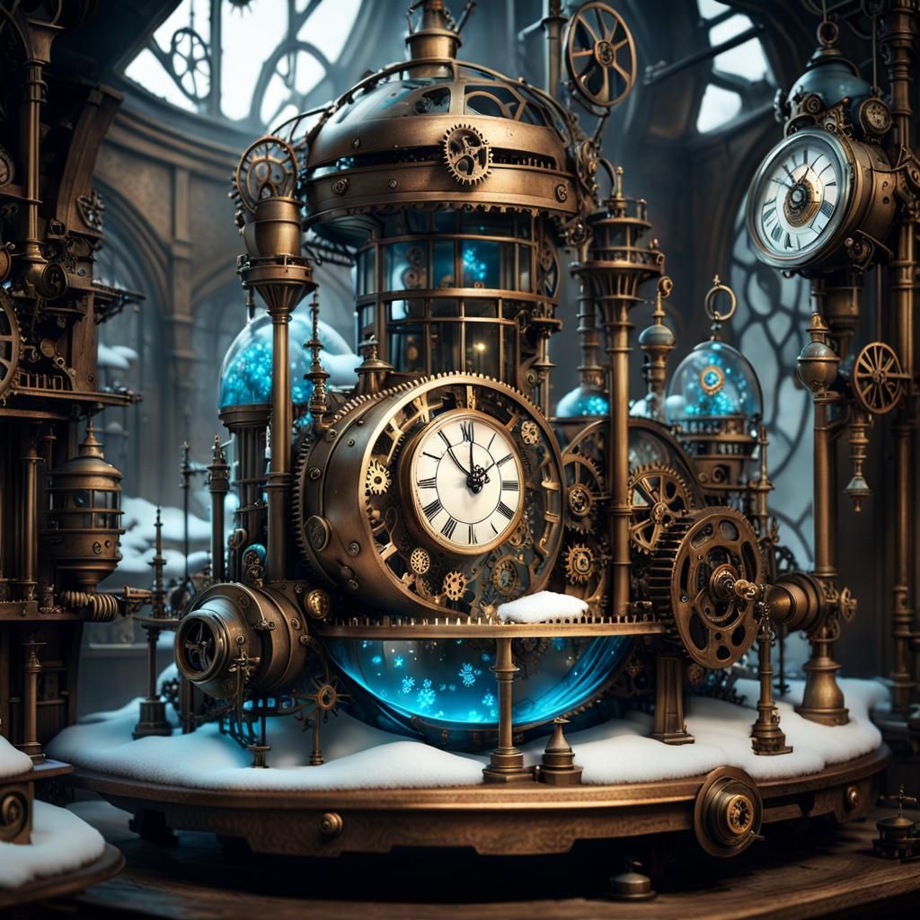 Steampunk Christmas Village with Gears and Snowflakes