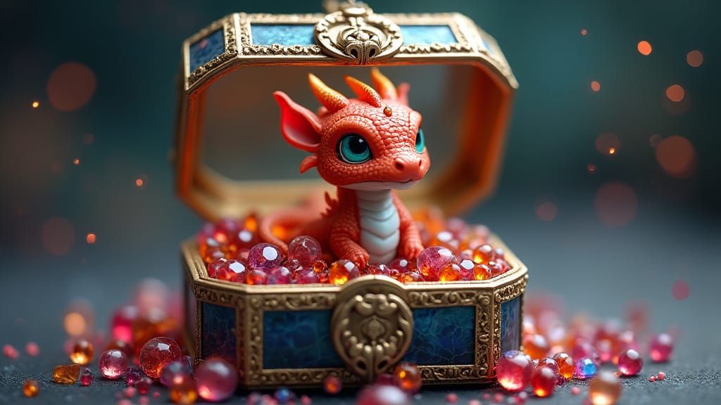 Miniature Dragon Adorned with Jewels in Fantasy Art Style
