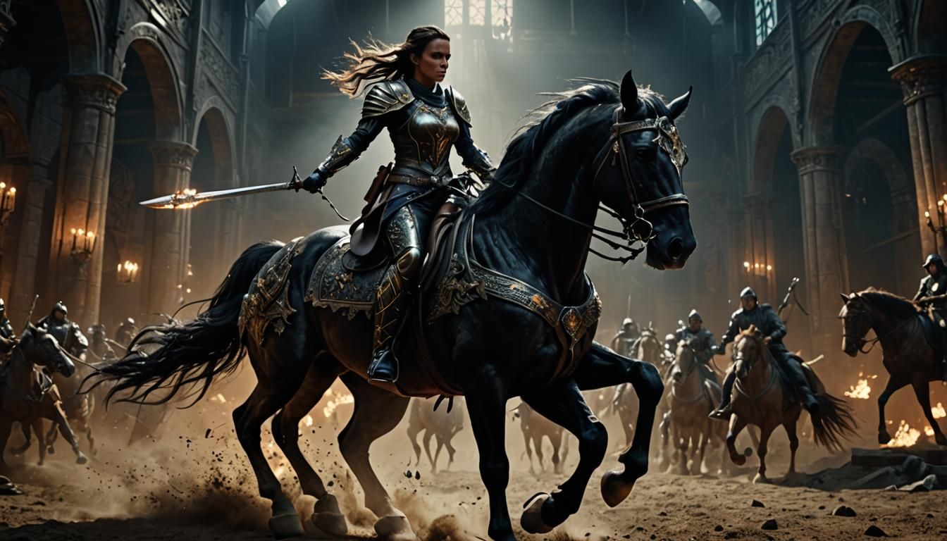 Female Warrior(s) in full battle gear mounted on horseback