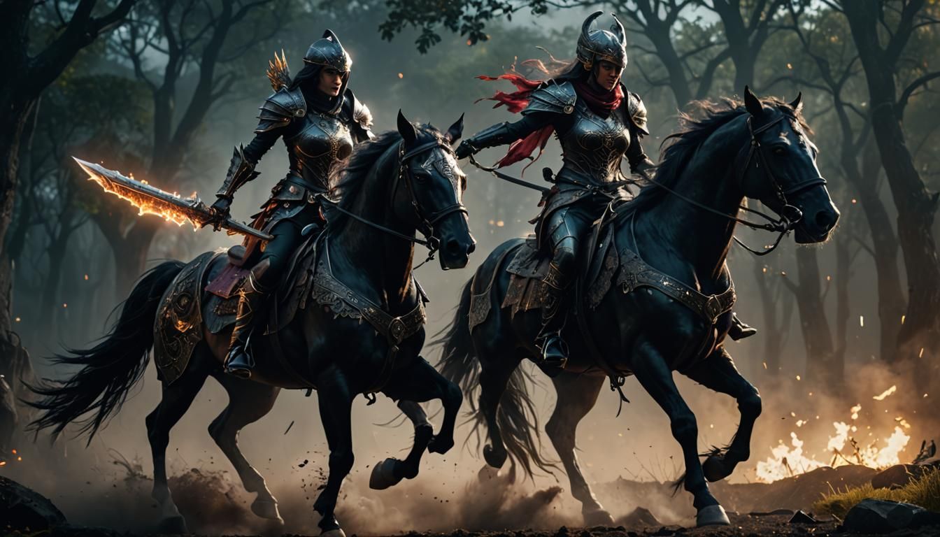 Female Warrior(s) in full battle gear mounted on horseback