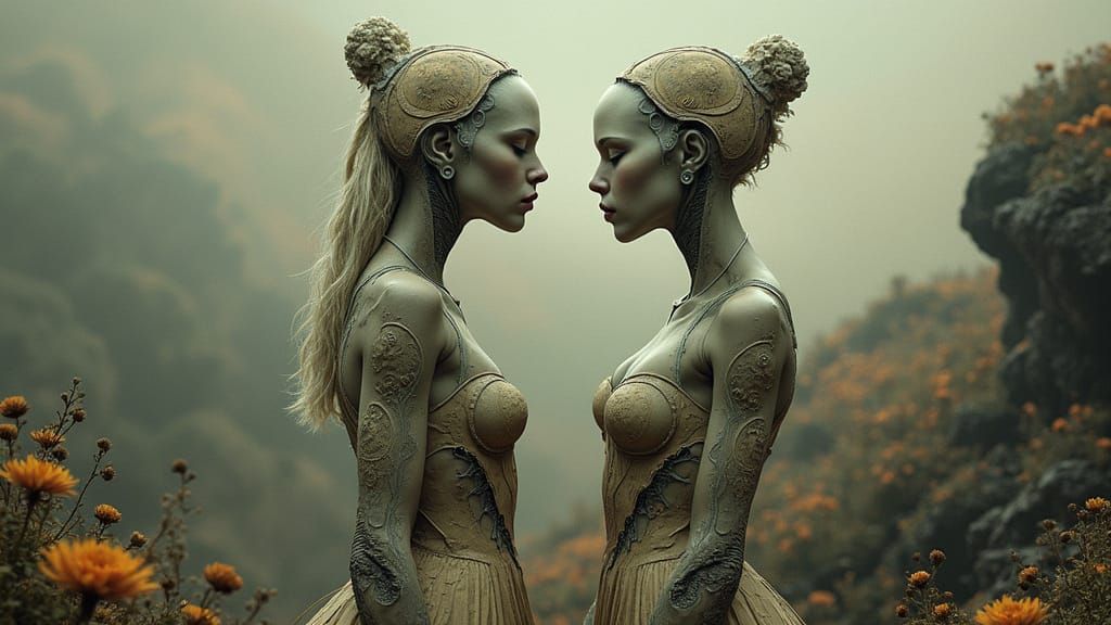 Surreal Dreamscape with Clothed Twins