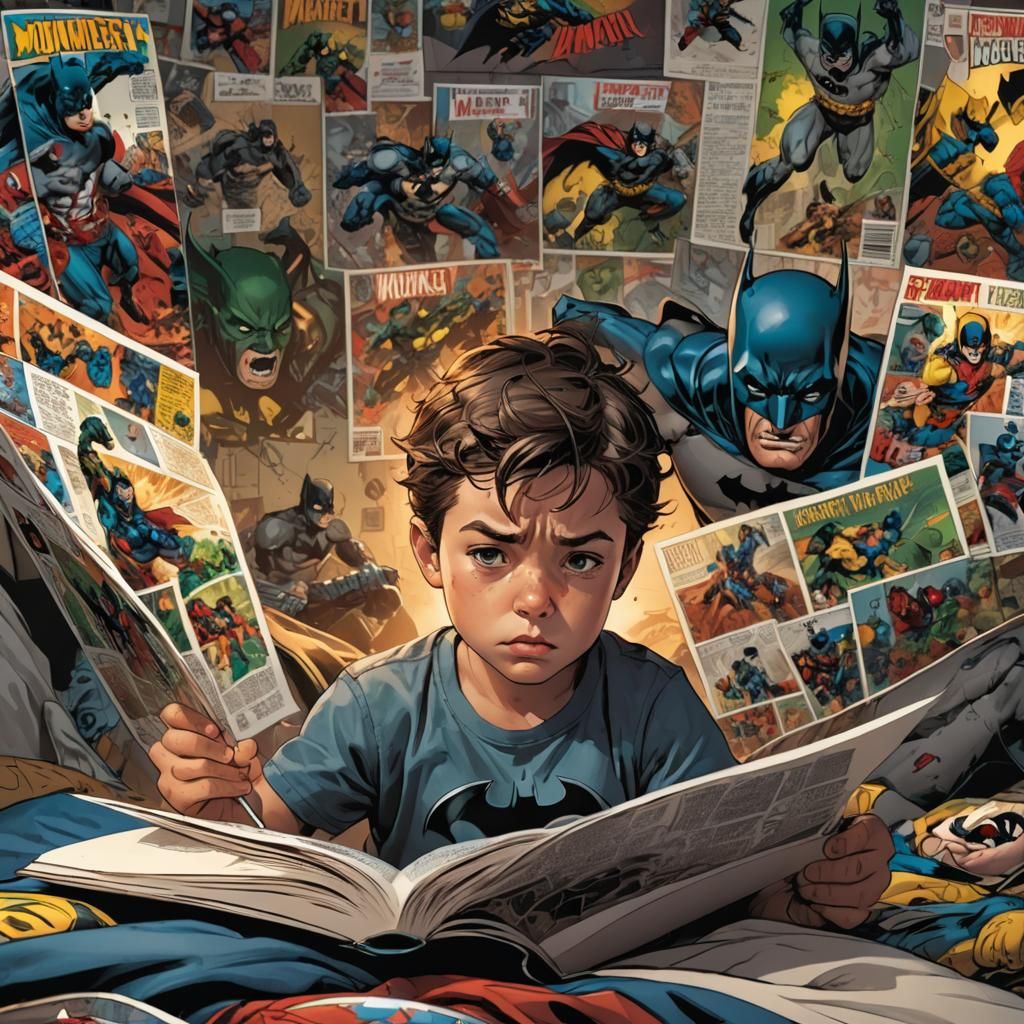 Boy Reading Comic Book with Batman and Wolverine