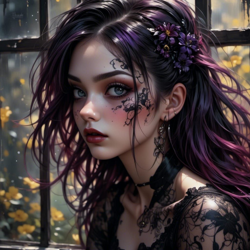 Moody Woman at Window with Dark Flowers