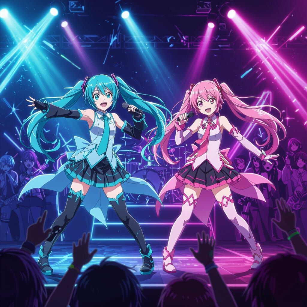 Hatsune Miku and Kasane Teto Perform in Neon Anime Style