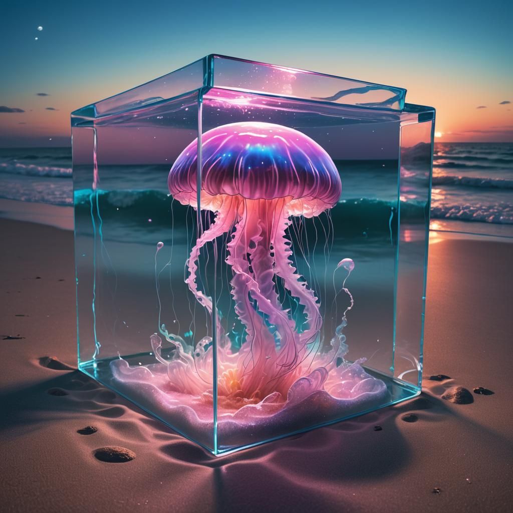 Glowing Wave in Glass Box on Fluorescent Beach