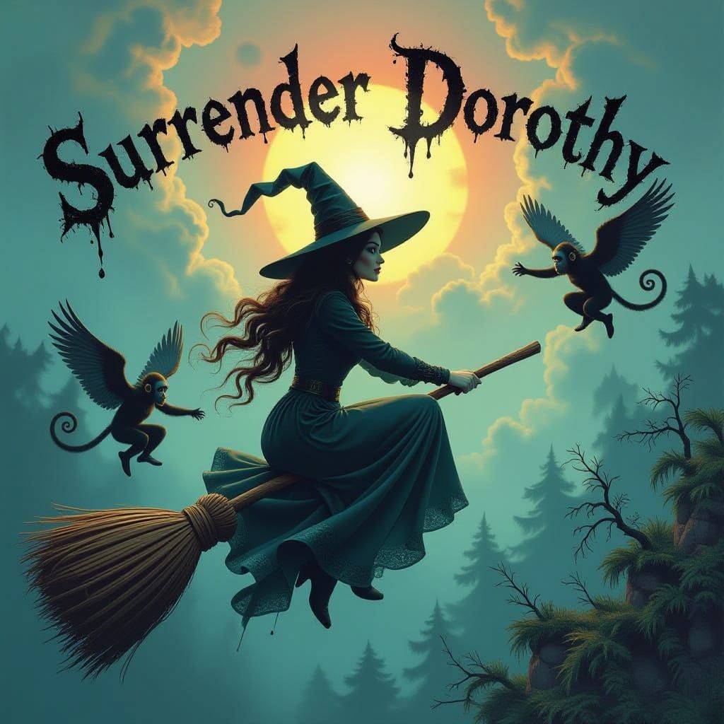 Wicked Witch Rides Broomstick with Winged Monkeys